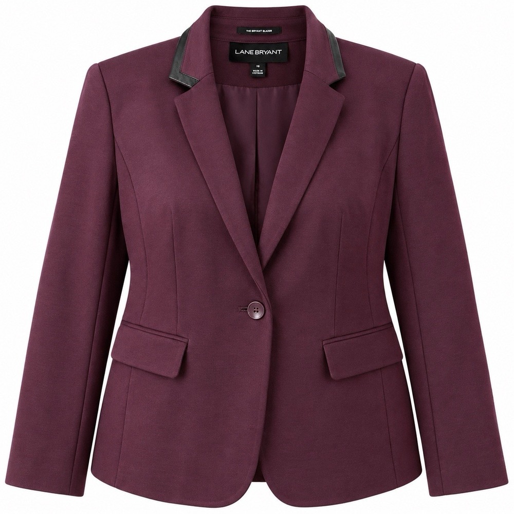 Lane Bryant The Bryant Blazer 16 Burgundy Ponte Faux Leather Trim Shoulder Pads